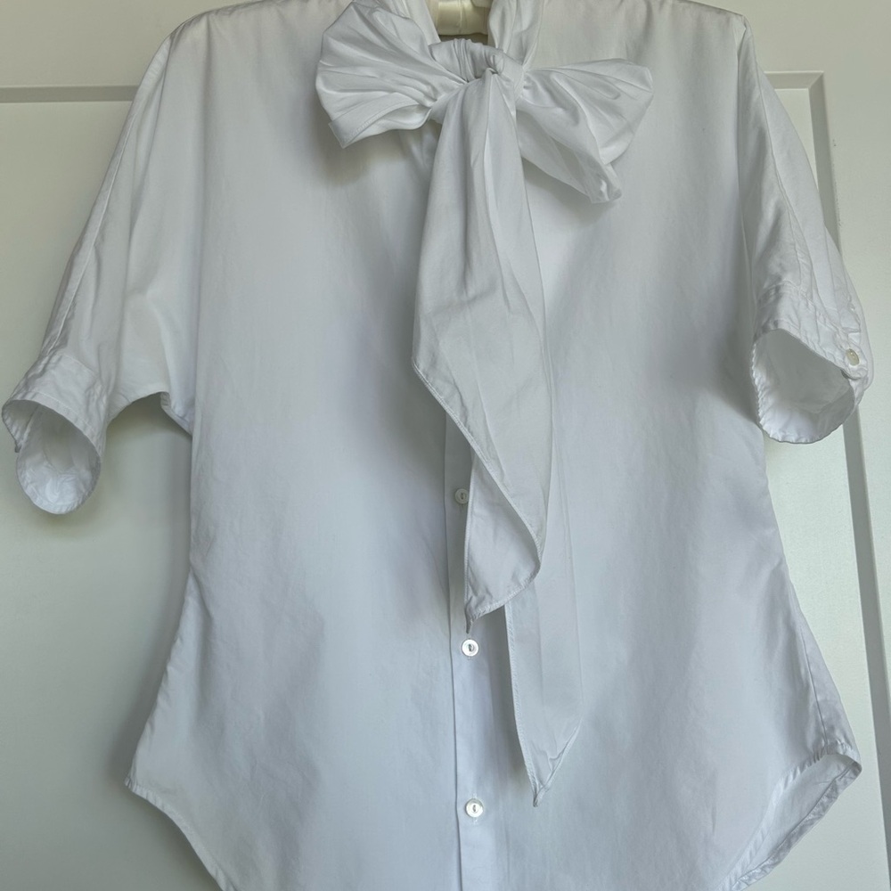 Ralph Lauren Blue Label White Bow Tie Short Sleeve Blouse - Picture 3 of 11